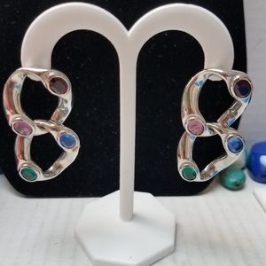 Double link silver multi stone peirced earrings